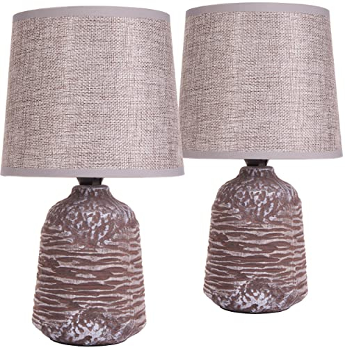 BRUBAKER 2er Set Tisch- oder Nachttischlampen 27,5 cm - Grau/Braun - Keramik Lampenfüße natürliche Struktur - Leinen Schirm Grau