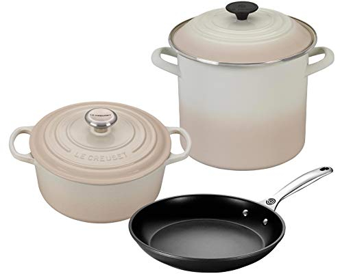 Le Crueset 5-Piece Oven and Stovetop Cookware Bundle with 4-1/2 QT Round Dutch Oven, Le Creuset 8 QT Covered Stockpot, and Le Creuset 10 Toughened Nonstick Pro Fry Pan (Meringue)
