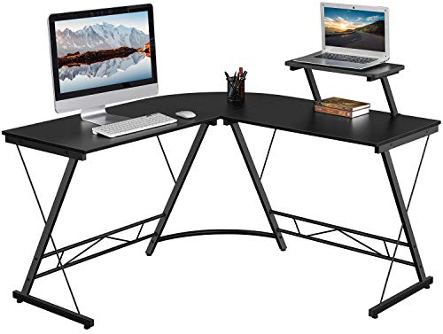 Yaheetech Computertisch Eckschreibtisch in L-Form Arbeitstisch Bürotisch PC Gaming Tisch mit Holz-Monitorständer 130 x 130 x 96,5 cm Schwarz