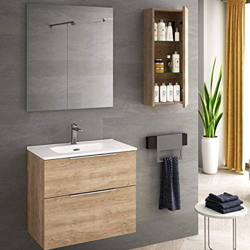 Mueble de Baño Suspendido Fondo Reducido Comet | Mueble Baño Al Aire Fondo Reducido para Aseo de 2 Cajones con Cierre Amortiguado y Lavabo Cerámico (Roble Natural, 80 x 40 cm)