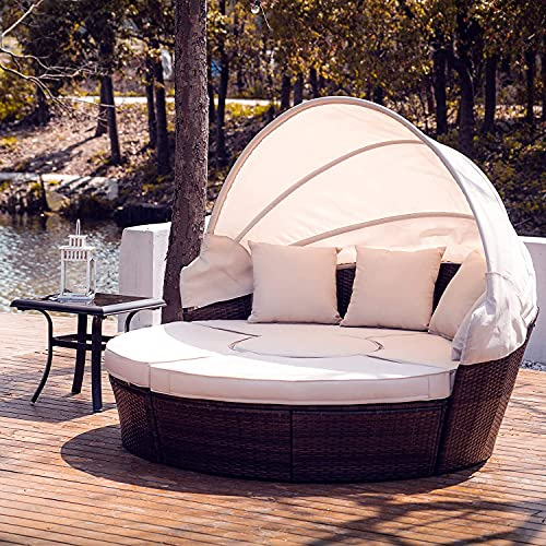 VONLUCE 5-teilige Sonneninsel mit Faltbarem Sonnendach Regencover Sonnenliege Rattanmöbel inkl. Kissen und Auflagen Gartenliege Polyrattan-Lounge Sunbed Gartenmuschel Gartenmöbel, Beige