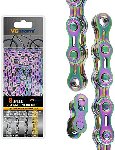 VG SPORTS 6/7/8/9/10/11 Speed Bike Chains, Half Hollow/Full Hollow Lightweight Bicycle Chains for Road Bike/MTB/BMX, Rainbow 116 Links with Missing Link