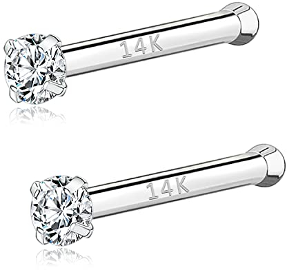 PunkTracker 20g 14K Echtgold Nasenringe CZ Simulated Diamond Nose Studs Hypoallergen Nostril Nose Piercing Schmuck für Damen Herren