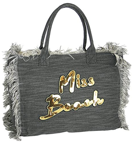 Miss Beach - Badetasche mit Reißverschluss - Glitzer Strandtasche - 29 Liter Volumen - Shopper aus Canvas