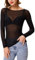 KFLY Women's Mesh Tops Long Sleeve Sheer Blouse Sexy Shirt See Through Clubwear Nightwear Black