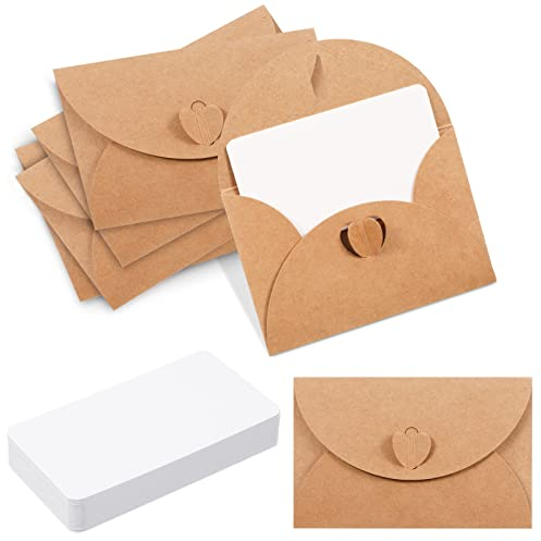 ALTcompluser 40 Stück Kraftpapier Umschläge mit 40 Blanko Papier Karten, Klein Briefumschlag mit Herz Verschluss, 10.5x7cm Mini Kraftpapier Briefumschläge für Dankeskarten Einladung Geburtstagskarten