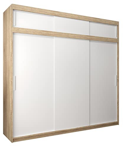 MEBLE KRYSPOL Tokyo 250 Kleiderschrank mit DREI Schiebetüren für Schlafzimmer – moderner Aufbewahrungsschrank mit Kleiderstange und Regalen – 250x240x62cm - Sonoma + Mattweiß mit Verlängerung