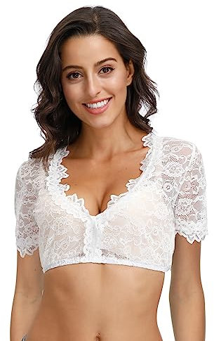 TrendiMax Damen Dirndlblusen Kurzarm Spitze Tracht Bluse Elegante Trachtenbluse für Oktoberfest, Weiß Rose, 36