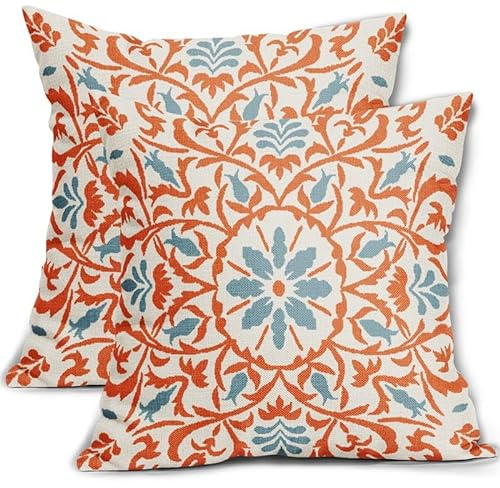 Orange Hellblau Boho Kissenbezüge 45,7 x 45,7 cm Bohemian Ethno Carpet Style Vintage Blumen Herbst Druck Dekorative Wurfkissen Outdoor Leinen Kissenbezug Bauernhaus Dekor für Zuhause Sofa Bett 2er Set