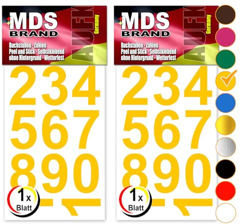 MDS Brand Design 4cm Zahlen Aufkleber | Selbstklebende Klebezahlen | Vinyl Hausnummern zum Aufkleben für Briefkasten, Mülltonnen Aufkleber, Buro Aufkleber, Zahlen für Außen & Innen Peel (Gelb)