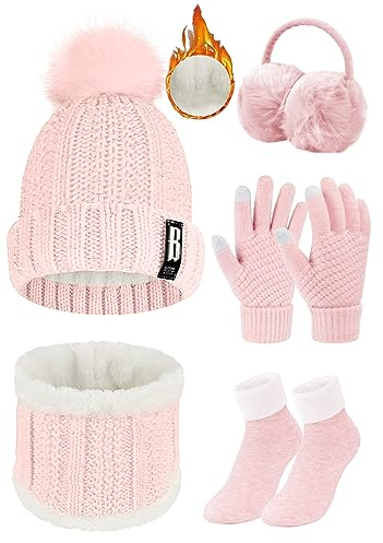 Tuopuda Ensemble Bonnet Écharpe de Doublure Polaire Gants 5 Pièces Tricotés Ensemble de Ski d’Hiver de Femmes Beanie Foulards Cache-Oreilles Chaussettes, Rose