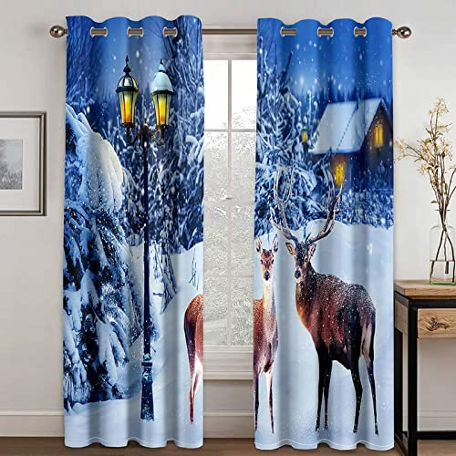 Vorhänge Kurz Fenster Wohnzimmer 3D Winter Weihnachten Haus Elch Vorhang Verdunkelung Blickdicht Gardinen 140x160 Cm Vorhänge Schlafzimmer Mit Muster Modern 2Er Set, Vorhänge Für Kinder Mit Ösen