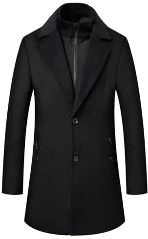 Sliktaa Herren Wollmantel dicker Trenchcoat mittlerer Länge Mantel Kerbe Kragen warmer Mantel Herren Wintermäntel mit abnehmbaren Windschutz Innenkragen Schwarz XXL