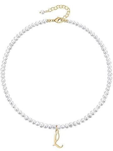 TINGN Damen Perlenkette Gold 14K Vergoldet Choker Kette für Frauen Freundin Schmuck Geschenke Verstellbar (L)