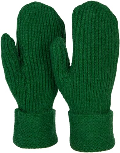 styleBREAKER Damen Winter Strick Fäustlinge Einfarbig mit gemustertem Bund, warme Fausthandschuhe, Strickhandschuhe 09010046, Farbe:Dunkelgrün