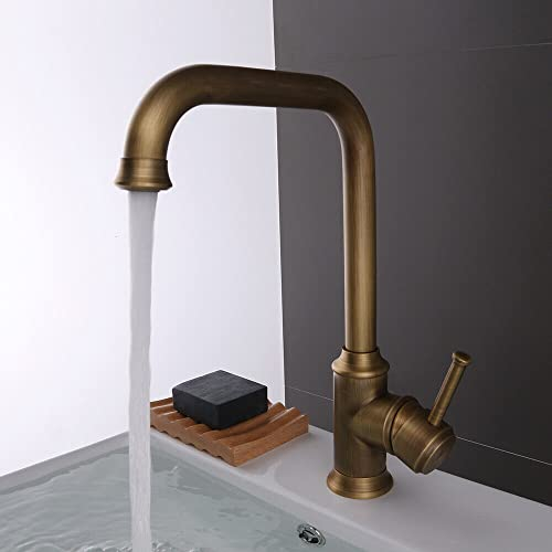 Grifo de cocina vintage, color dorado, giratorio 360°, grifo monomando para cocina y baño, grifo de latón con caño alto, grifo mezclador de alta presión