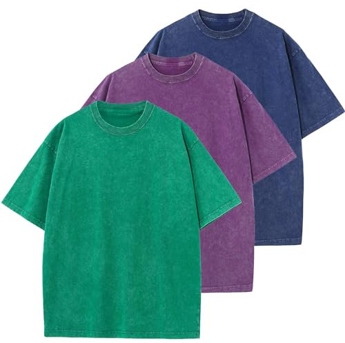 HOUZONIY 3PC T-Shirt Basic Oversized a Maniche Corte, Magliette Larghe Uomo, Washed Heavy T-Shirt Uomo, Casual, per Palestra(Verde/Blu/Viola M)