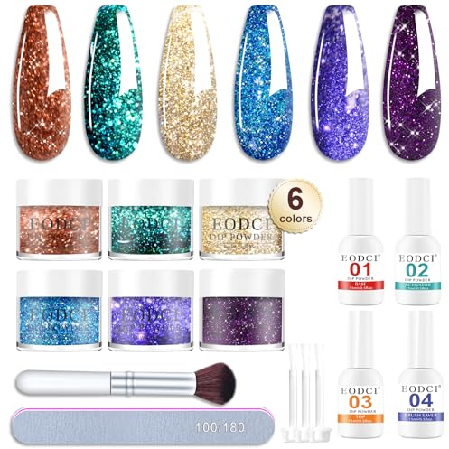 Dip Pulver Nagel Starter Kit, 6 Farben Glitzer Dipping Powder Nails Set Nail Art mit Base&Top Coat, Aktivator Brush Maniküre Sets für Salon DIY & Hause Nagelpuder Spiegelpulver