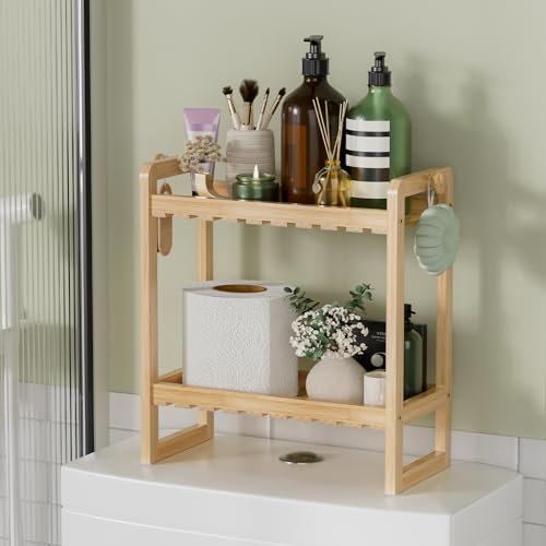 AmazerBath Estante de almacenamiento sobre el inodoro, organizadores de baño compactos de bambú de 2 niveles y estantes de almacenamiento, 2 en 1, doble estable sobre el inodoro, estante de cocina de
