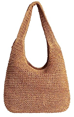 Sac en paille pour femme - Sac fourre-tout tissé de grande capacité pour les vacances d'été, Marron-A01, 15 x 11.8 25.6 inches