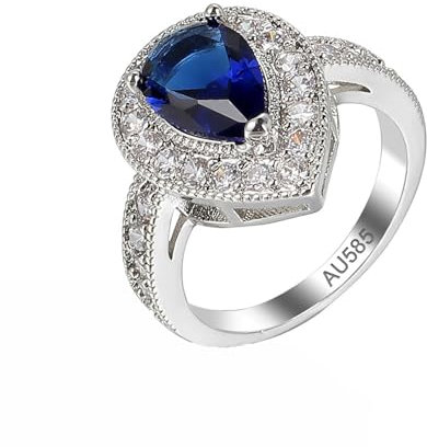 AMDXD 14K Weißgold Verlobungsring, Träne Tropfen Labor Erstellt Saphir Pärchen Ringe Blau, Au585 Gold Moissanit Ring Echte Goldschmuck, Gr.66 (21.0)