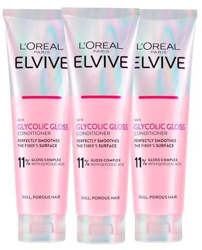 L'Oréal Paris Elvive Glycolic Gloss Acondicionador con ácido glicólico para cabello opaco y poroso, brillo intenso y duradero – 3 botellas de 150 ml