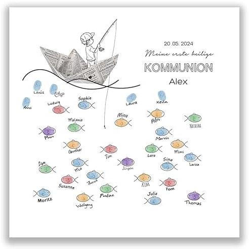 galleryy.net Personalisierte Fingerabdruck-Leinwand Kommunion - Fischerkind - Poster 50x50 cm - Individuell mit Namen & Datum - INKL. Zubehör-Set mit Stempelkissen und Stift