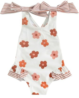 Maillot de Bain Bébé Fille Anti-UV Combinaison de Natation à Volants Manches Longues Imprimé Arc-en-Ciel pour Piscine Plage Sport Vacances Swimwear (Blanc Rayé, 4-5 Years)