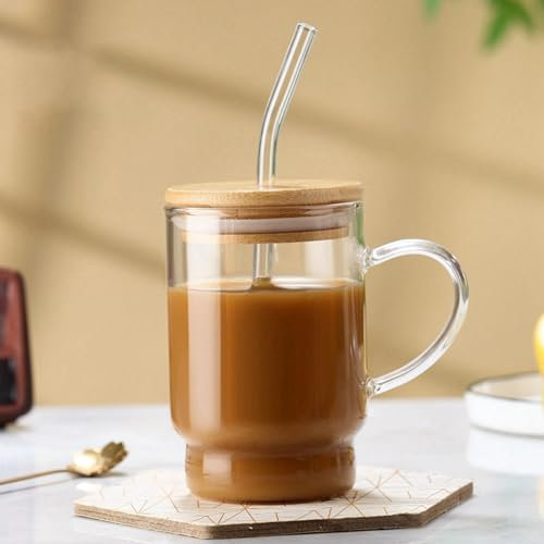 URMAGIC Lot de 2 verres nervurés avec couvercle en bambou et pailles en verre, 450 ml, verrerie côtelée, style origami, tasse à café glacé, joli gobelet, verres à bière (450 ml, C)