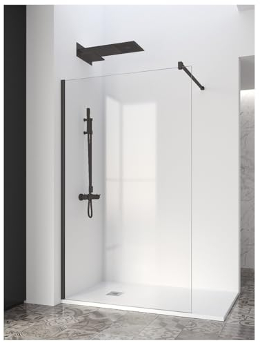 Mampara ducha fija 110x195 FABRICACION ESPAÑOLA Mampara de ducha 6mm Antical Barra de sujeción inoxidable Cristal Transparente Panel Fijo Mampara Cristal Templado PERFIL NEGRO MATE 110X195