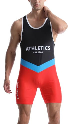 Rane Sports Herren-Ringeranzug, eng anliegende Sportbekleidung, einteilig, ärmellos, für Training und Fitnessstudio, Gewichtheben-Bodysuit Marineblau Rot Blau L