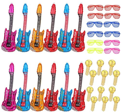 24PCS Inflatable Party Props, Inflatable Guitar, Inflatable Microphone, Colored Glasses, Inflatable Musical Instruments, Photo Booth Props for Christmas Birthday Party Gifts