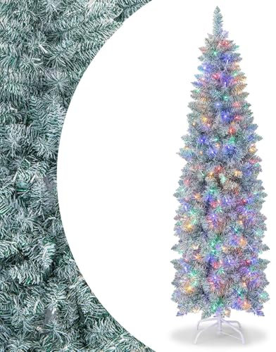 SPOTRAVEL Pre-Lit Christmas Tree, Hinged Pencil Xmas Tree with 190/250 Colorful LED Lights & 343/475 Branch Tips, Holiday Christmas Decoration for Home Office School and Shop (6FT)