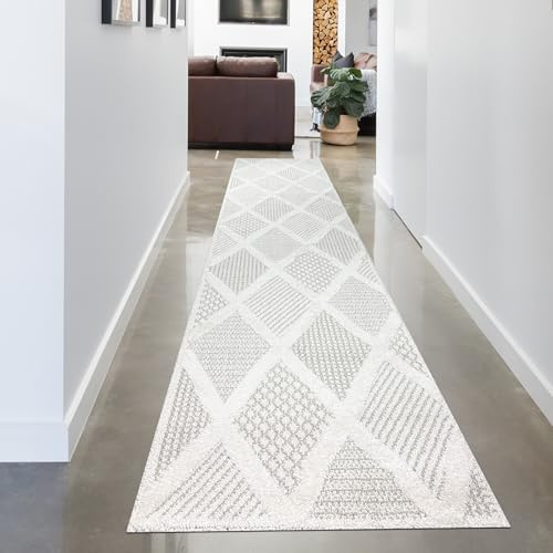 CARPETIA Teppich Wohnzimmer Teppichläufer Flur Gang Garderobe hell langlebig schön weich Staubsaugerroboter geeignet mit verschieden gemusterten Rauten Creme grau, 80 x 300 cm