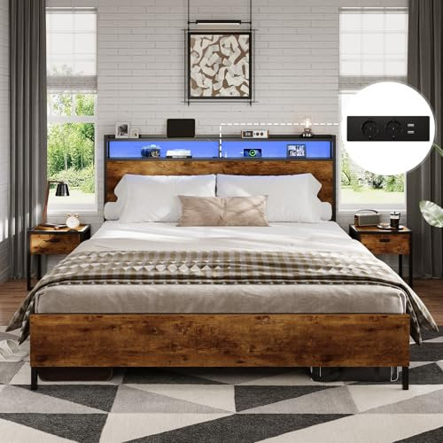 DICTAC lit 140 x 190 avec sommier en Métal, Lit 2 Personnes avec lumières LED et 2Ports USB et 2 Prises de Courant, Cadre de Lits 140x190 avec tête de lit,21.5 cm Espace de Rangement,Marron Vintage