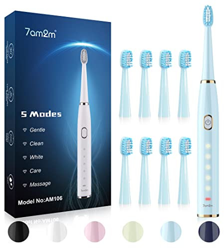 7AM2M Sonic Electric Toothbrush for Adults and Kids- High Power Rechargeable Toothbrushes with 8 Brush Heads,5 Adjustable Modes, Built-in 2-Minute Smart Timer,4 Hours Fast Charge for 75 Days(Blue)