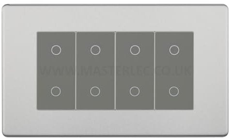BG FBSTDM4G Brushed Steel Screwless 4 Gang Quad Master Touch Dimmer Switch Grey Inserts