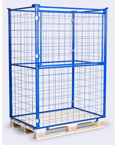 HHL Euro-Gitterbox mit klappe | Gitteraufsatzrahmen H1600 x B1200 x L800mm für aufbewahrung| Faltbarer Gitterrahmen für Euro-palette | Gitterbehälter aus Stahl | Gitterboxen für Holz, Lager | Blau