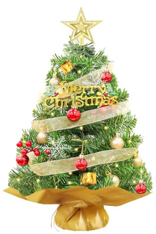 HO2NLE 45cm Mini Albero di Natale Artificiale con Illuminazione Ornamenti Piccolo Albero di Natale per La Decorazione di Natale e Capodanno Home Office (Oro)