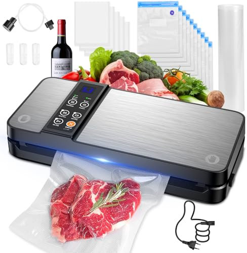 Vakuumierer,8 in 1 Stark Vakuumiergerät 80KAP Folienschweißgerät Vakuumierer Profi, für Trockene Feuchte mit eingebautem Cutter und Beutelaufbewahrung Countdown (Silbrig)
