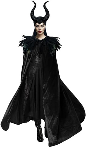 keland Maleficent Kostüm Damen Schwarzer Samtumhang Federkragen mit Böse Königin Hörner Set (Schwarz)