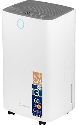 Deumidificatore e Purificatore Turbionaire Senso 13 WiFi, 13L/24h, Filtro HEPA + Carboni Attivi, Silenzioso 36 dB, Serbatoio 2L, Portata 120 m³/h, Indicatore LED Umidità, Timer, Blocco Bambini