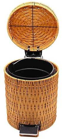 GAOXIAO Kitchen Bins Recycling Double Pedal, Swing Bin for Home Rubbish Waste, Round Rattan Trash Can Wastebasket Wicker Woven Dustbin with Lid, Bathroom Family Garbage Can Deco Bin A 8L