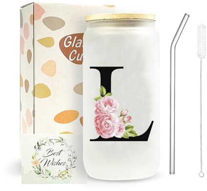 JEKUGOT Personalised Travel Mug, Tumbler Glass Cups with Lids and Straws, A-Z Custom Mugs, Glass Coffee Travel Mug, Iced Coffee Cup Birthday Gifts for Women, Personalised Gifts for Mothers,Friends(L)