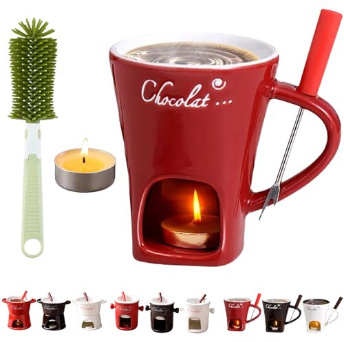 Vgpbphj Fondue Cup, Mini Ceramic Chocolate Melting Pot Set with Forks, Individual Fondue Mug, Personal Butter Warmer, Gift Set for Birthdays & Special Occasions (Red-C)