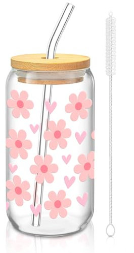 MQIAN Glas mit Deckel und Strohhalm, Geschenke für Freundin Frauen Kollegen, 16 OZ Trinkglas mit Strohhalm und Deckel, Blüten Glasbecher, Beste Freundin Geschenke, Schöner Becher mit Strohhalm