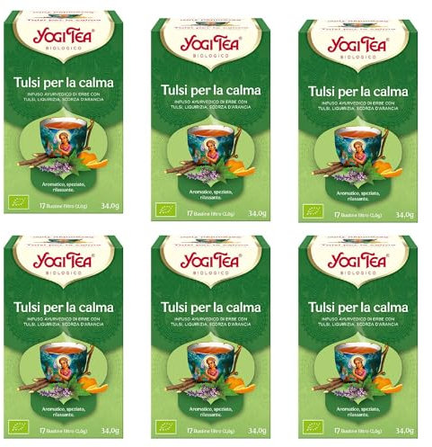 Yogi Tea, Té, Serenidad Tulsi Bio, Infusión Ayurvédica, Sin Cafeína, Mezcla de Albahaca, Regaliz y Naranja - Pack de 6x17 bolsitas (102 bolsitas en total)