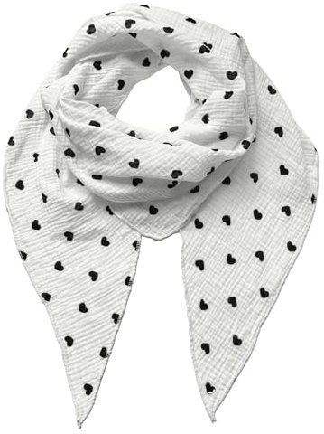 FASHION YOU WANT Musselin Tuch mit Herzen Dreieck HERZ1 Damen Halstuch Herzmuster Made in Italy 195x72cm Frühling Sommer Weich Leicht kuscheliger Baumwolle Schal (weiß/schwarz)
