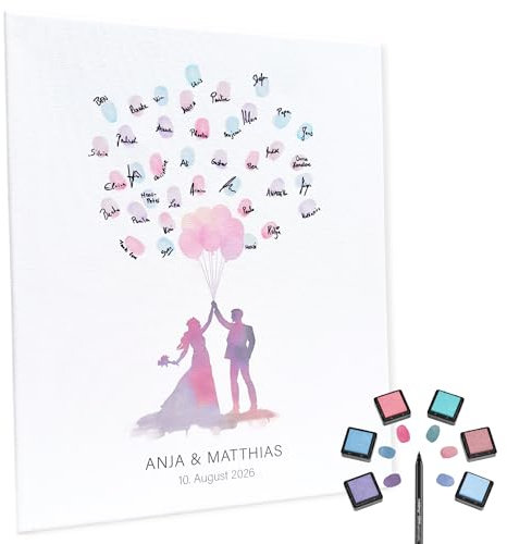 KATINGA Personalisierte Leinwand zur Hochzeit - Bild für Fingerabdrücke mit Brautpaar in Aquarell - Gästebuch als Geschenkidee (40x50cm personalisierbar)