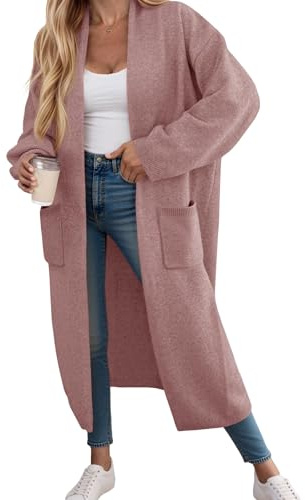 Fisoew Strickjacke Damen Lang Cardigan Langarm Oversized Strickmantel Open Front Sweater Jacke mit Taschen.